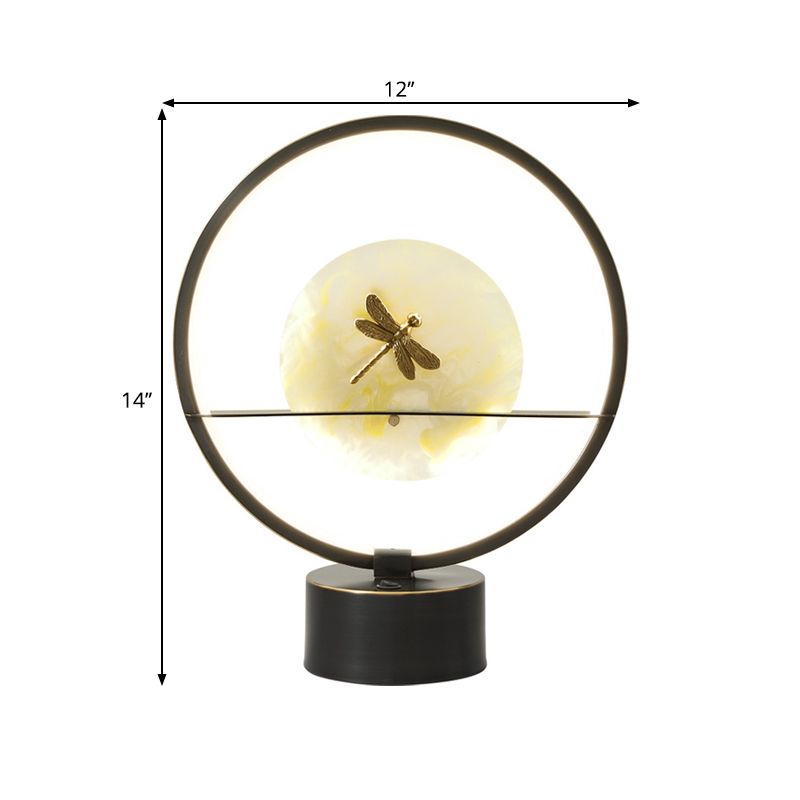 Black Round Desk Lamp Minimalism LED Metal Night Light with Dragonfly Detail Inside