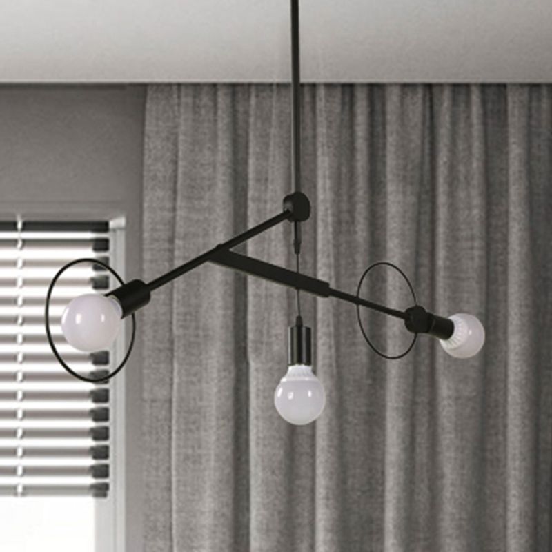 Simple Style Black Chandelier Bare Bulb Three Bulbs Metal Ceiling Pendant Light in Black for Shop