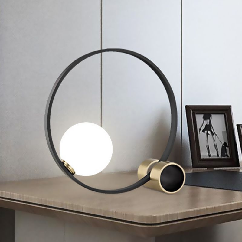 1 Bulb Circle Desk Light Modern Metal Nightstand Lamp in Black with Milk Glass Shade