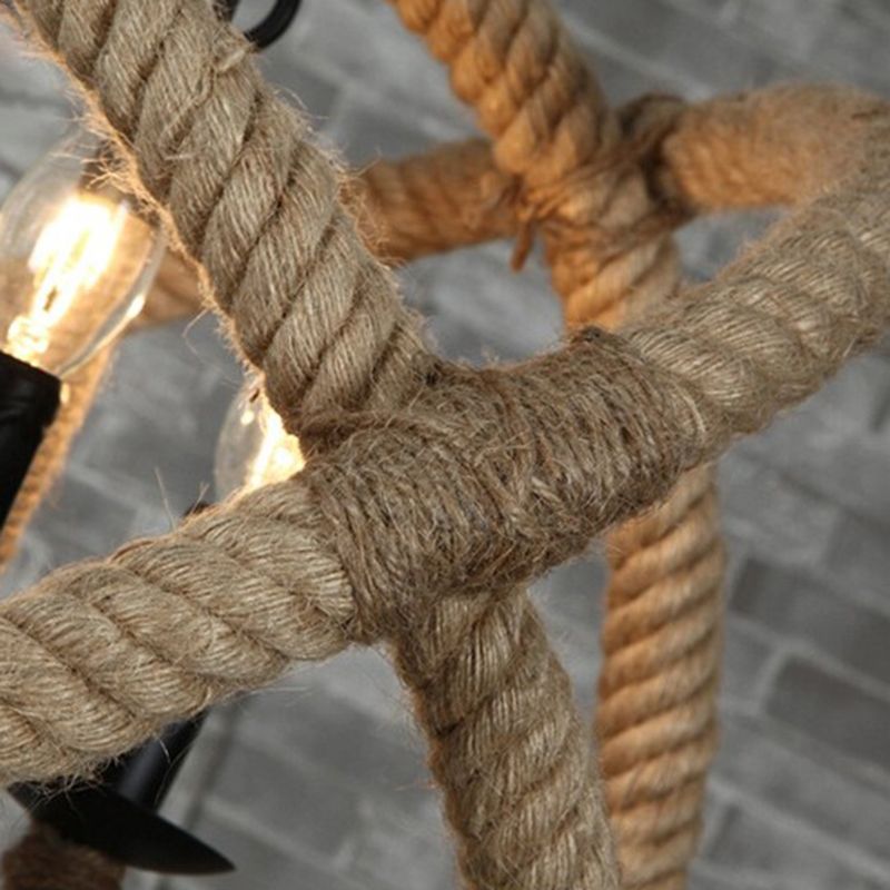 Loft Rope-Wrapped Globe Chandelier Lighting Fixture Rope Hanging Lamp Kit in Beige