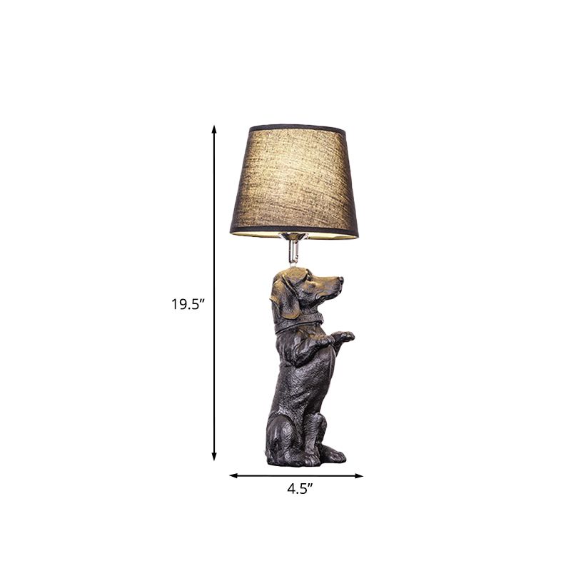 Sitting/Standing Dog Night Table Light Creative Resin 1 Head Black Table Lighting with Barrel Fabric Shade for Bedroom