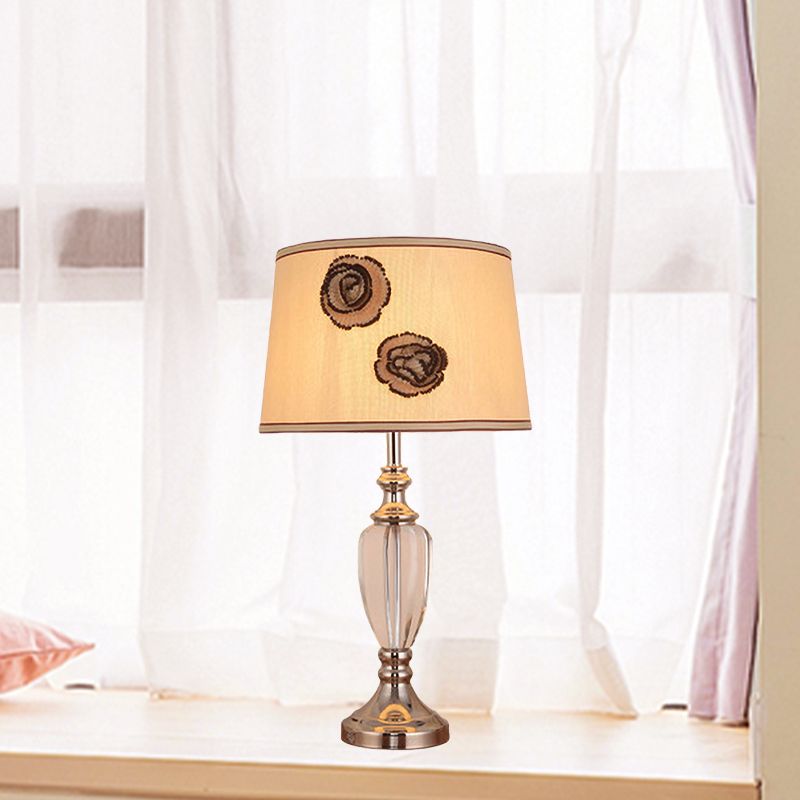 1 Head Bedroom Desk Light Modern Beige Night Table Lamp with Barrel Fabric Shade