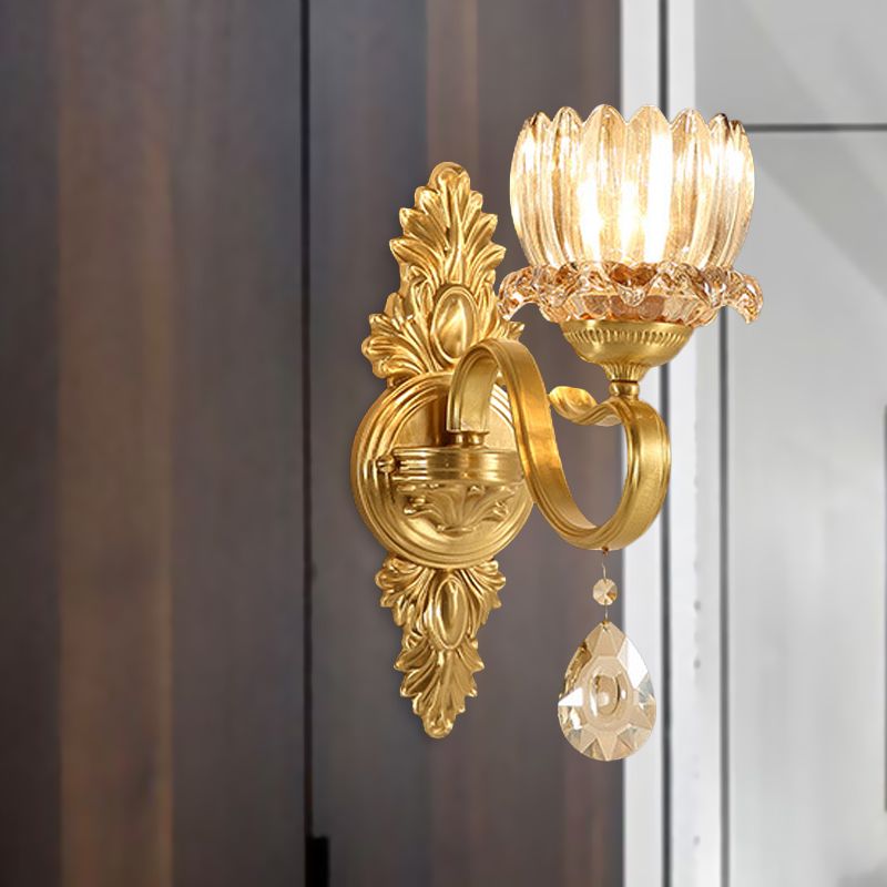 1-Bulb Lotus Wall Light Sconce Antique Brass Clear Glass Wall Mounted Lamp for Living Room