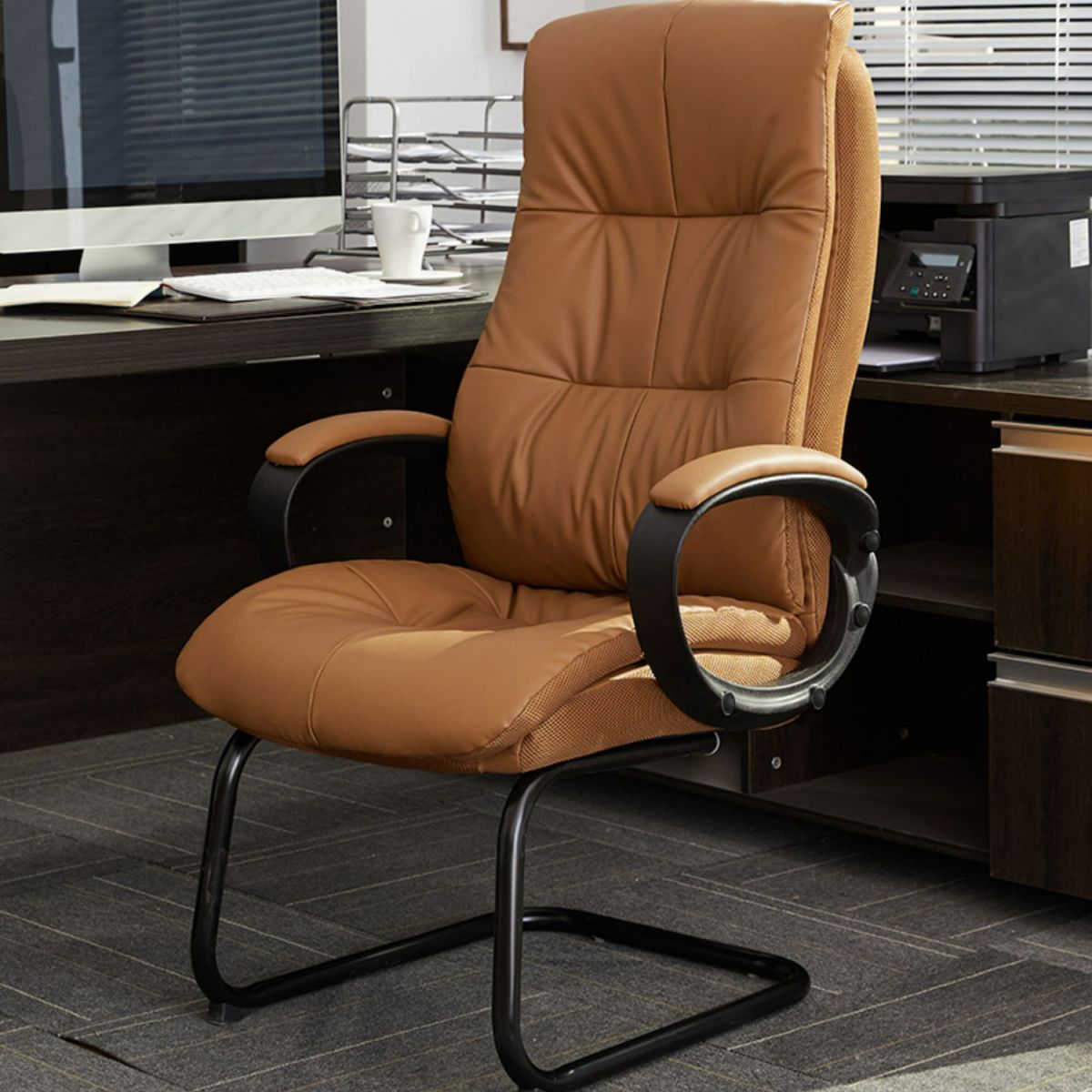 Fixed Arms Office Chair Leather No Distressing Ergonomic Desk Chair