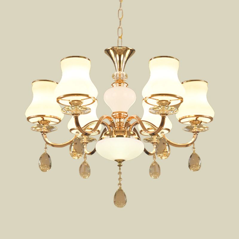 Champagne Bell Hanging Chandelier Simple Opal Glass 6-Light Bedroom Crystal Ceiling Light