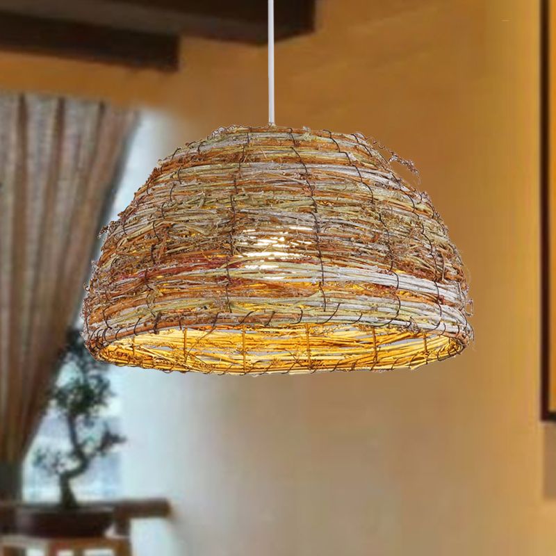 Lampada a cupola di rattan cinese cinese 1 testa di illuminazione a sospensione di lino per la casa da tè