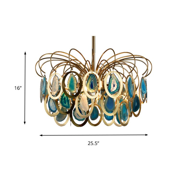 Péon vert plume lustre Light moderne plafond de fer à 5 têtes Pendentif suspendu avec agates