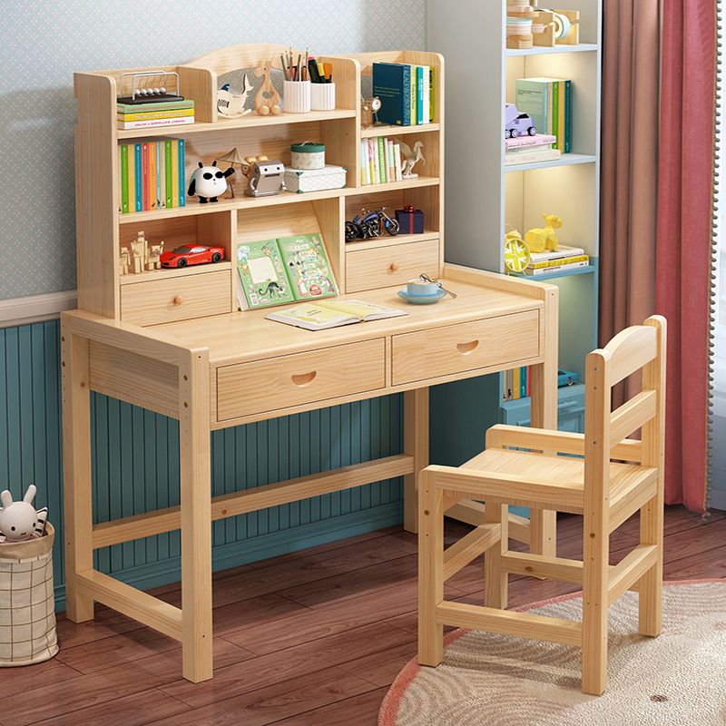 Modern Natural Base Writing Desk with Storage Shelves and 2 Drawers