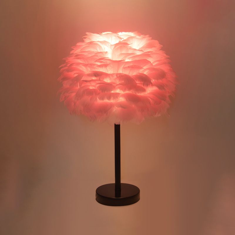 Goose Feather Dome Night Light Nordic 1 Bulb Grey/White/Pink Table Lamp with Tripod/Straight Stand in Black/White/Wood