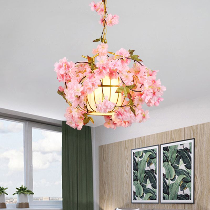 1 Light Metal Hanging Light Fixture Factory Red/Pink/Green Lantern Cage Down Lighting with Fabric Shade and Fake Plant/Flower