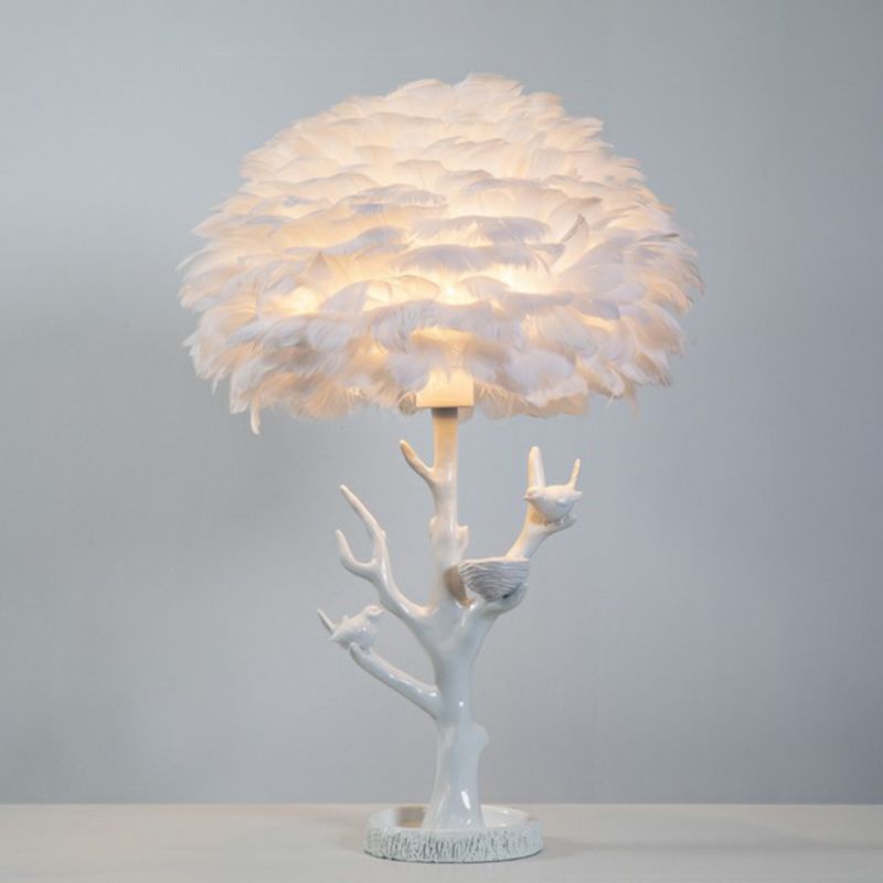 Artistic Tree Branch Table Light Resin Single Living Room Nightstand Lighting with Feather Shade in White