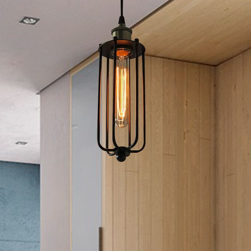 Metallic Matte Black Pendant Lamp Cylinder Cage Shade 1 Light Vintage Style Hanging Fixture