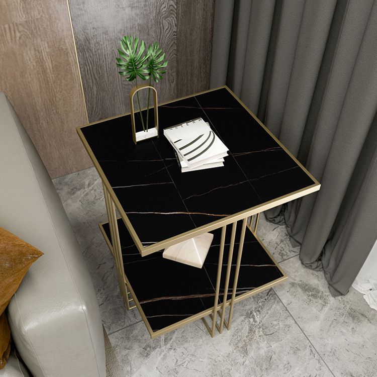 Golden Stone Night Table Glam Bedside Cabinet with 2 Shelves