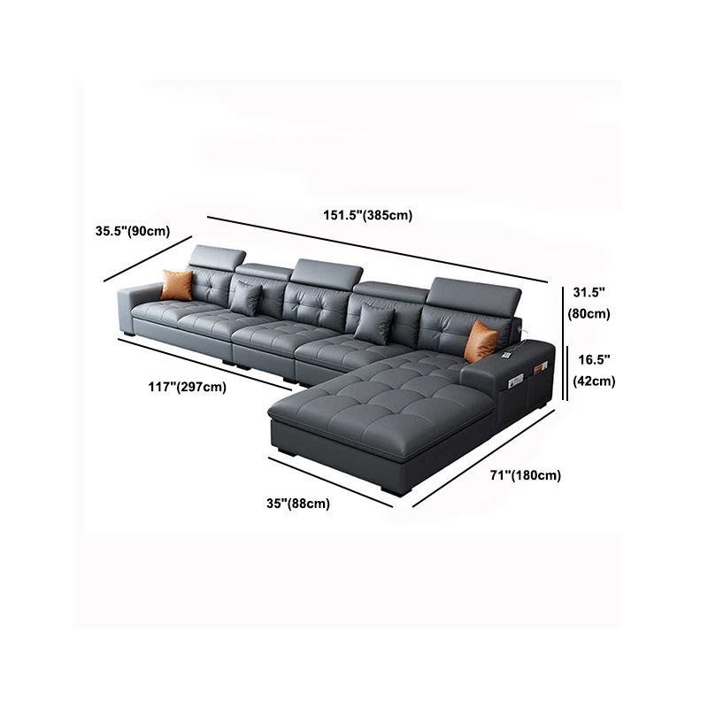 Modern Tufted Sofa & Chaise Recessed Arm Grey Faux Leather Sofa with Storage