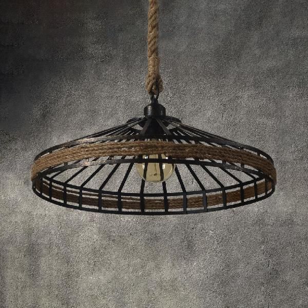 Conic Cage Restaurant Suspension Light Vintage Rope and Metal 1 Light Black Hanging Light in Aged Silver/Black