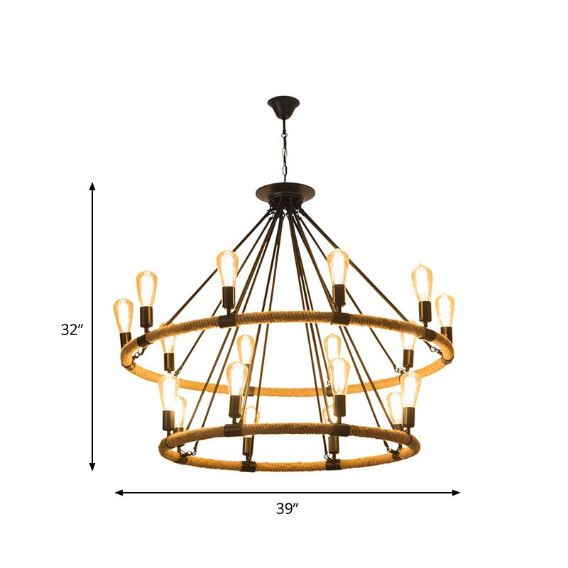 2-Tier Ring Rope Hanging Chandelier Industrial 18 Lights Restaurant Ceiling Pendant Lamp in Beige