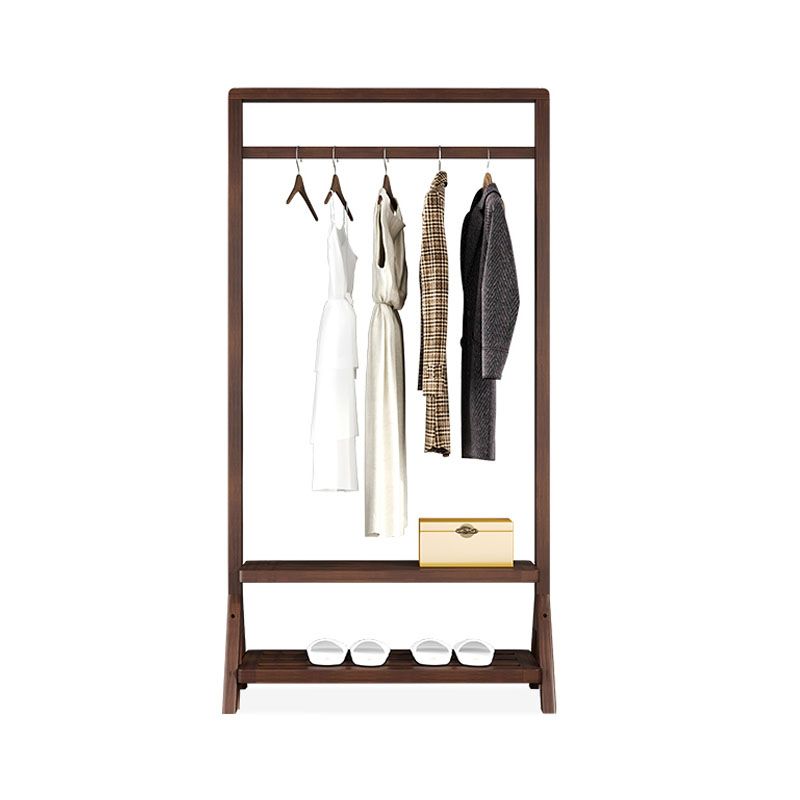 Contemporary Style Coat Hanger Solid Wood Double Shelves Coat Rack for Living Room