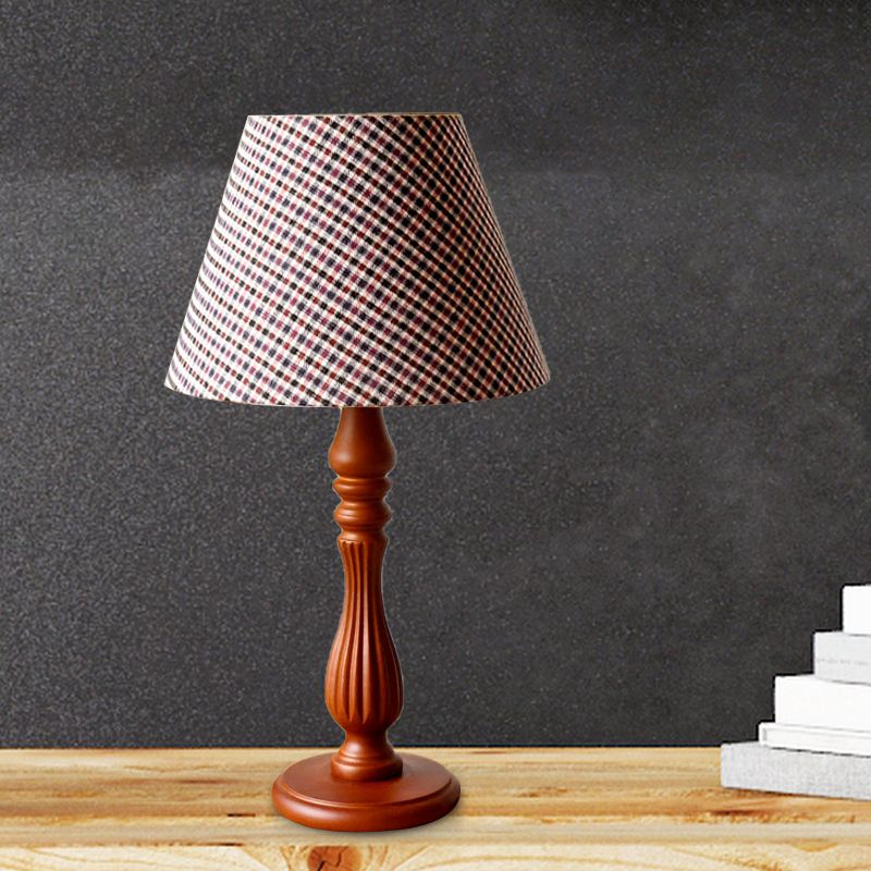 Beige/Tan/Dark Blue Barrel Shape Desk Lamp Traditional Fabric 1 Light Bedroom Reading Light with Wood Base