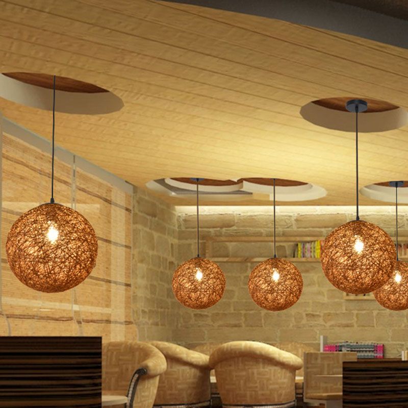 Handwoven Globe Restaurant Pendant Lighting Rattan 1 Bulb Asian Style Hanging Lamp Kit