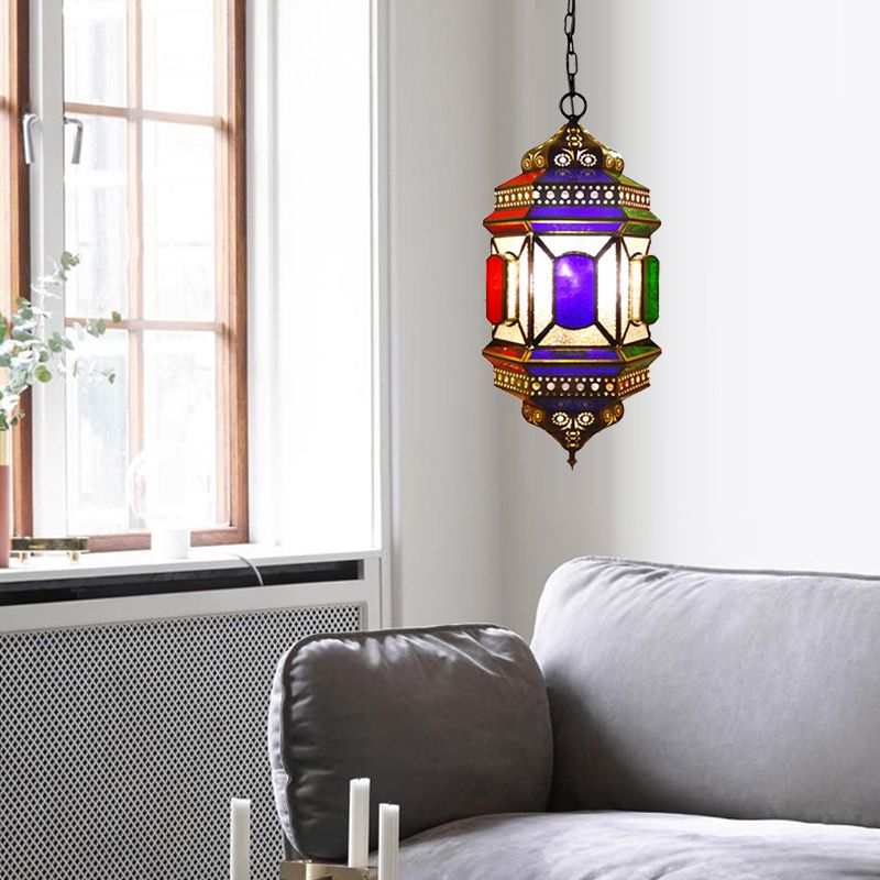 Retro Lantern Chandelier Light 3-Bulb Stained Glass Suspension Lamp in Brass for Restaurant