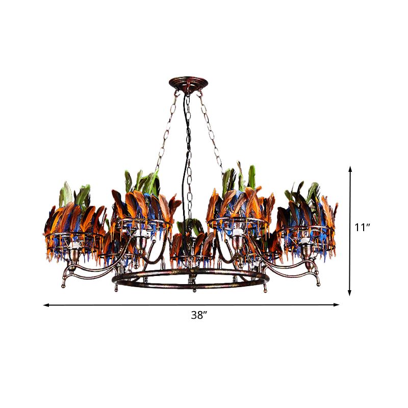 Rust 9 Lights Chandelier Light Fixture Industrial Iron Round Hanging Ceiling Lamp with Red-Blue-Green Feather Deco