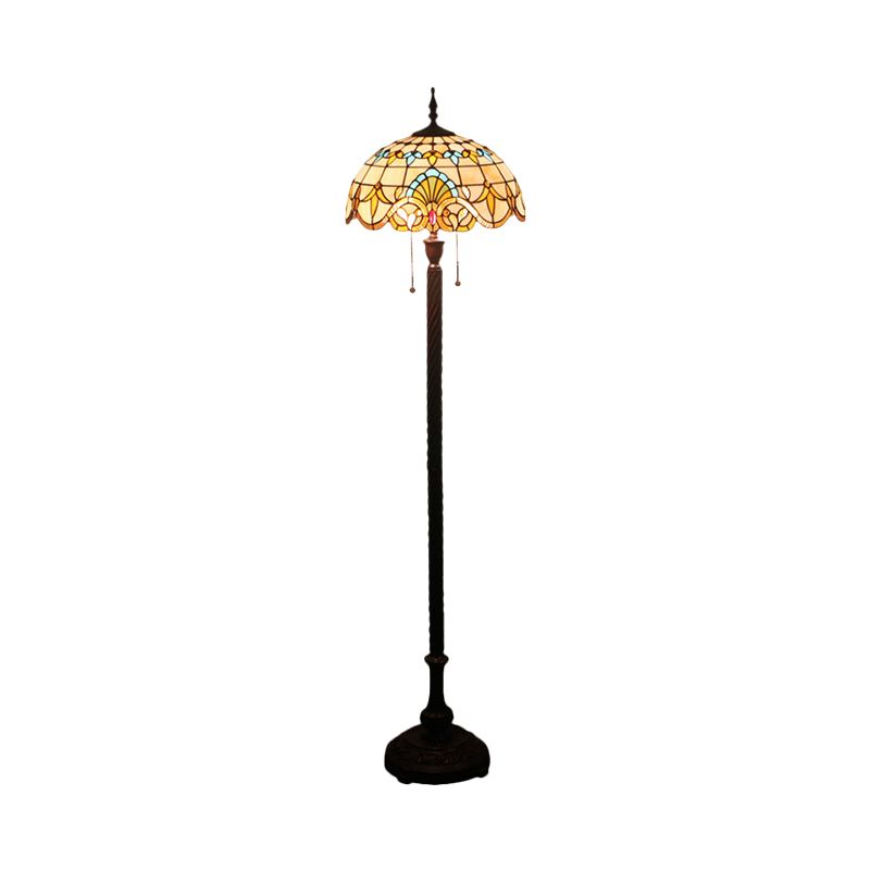 2 Bulbs Standing Light Baroque Dome Shaped Hand Cut Glass Reading Floor Lamp in Black with Pull Chain