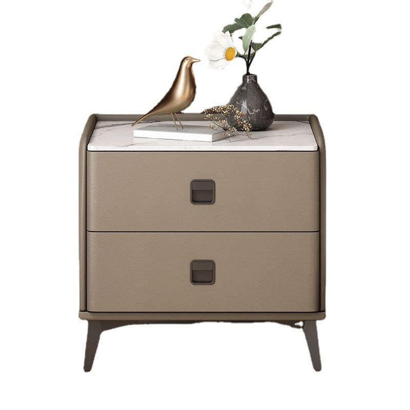 Contemporary Accent Table Nightstand Stone Night Table with 2 Drawers