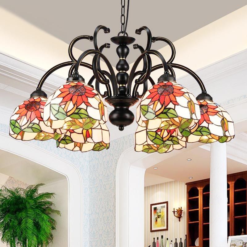 Coupure en verre floral pendentif léger victorien 6 têtes lampe suspendue au plafond noir pour salon