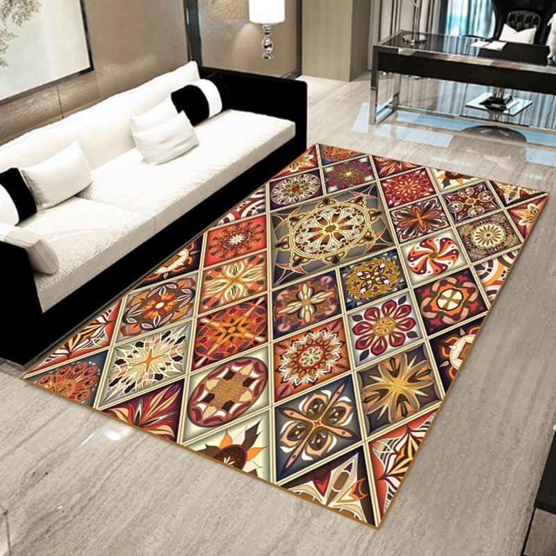 Bohemian Mosaic Tile Print Rug Multicolored Polypropylene Rug Stain Resistant Washable Non-Slip Backing Rug for Home Decoration