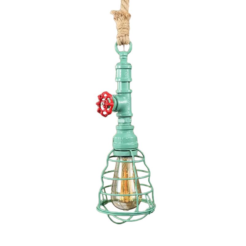 STEAMPUNK CAGED INCONTRO SPINDANTE LIGHTINA 1 Luce a soffitto sospeso in ferro con corda con corda di corda e design del tubo dell'acqua in blu/ruggine/bronzo