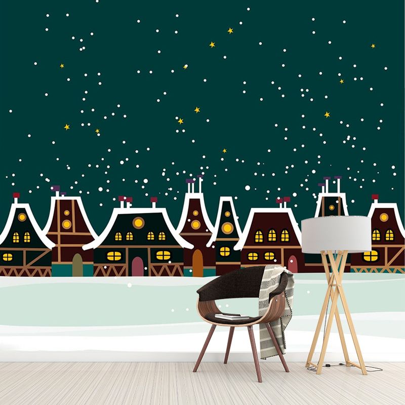 Illustration Winter House Mural Wallpaper Full Size Wall Covering for Kids Bedroom, Custom Print