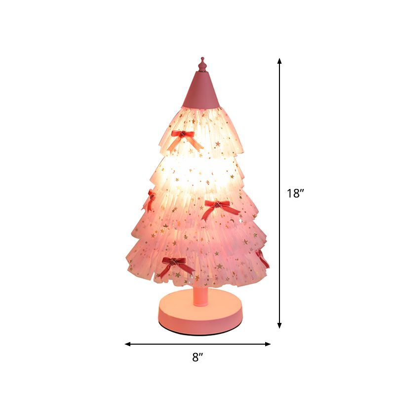 Pink Christmas Tree Table Lighting Kids 1 Bulb Fabric Nightstand Light with Round Base for Girl's Bedroom