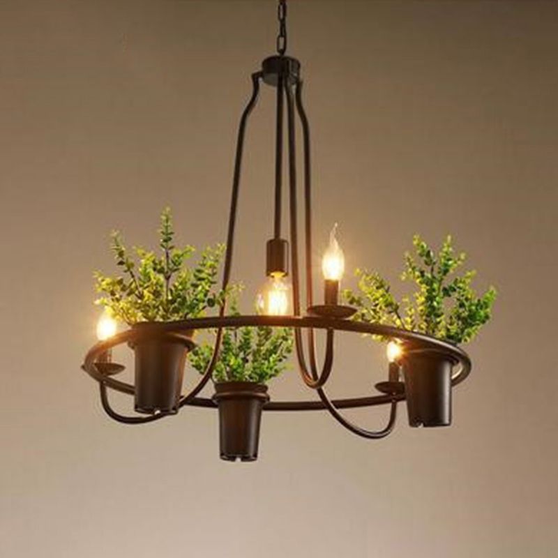 Circle Dining Room Chandelier Country Metallic 4-Light Green Pendant Light with Leaf Decoration