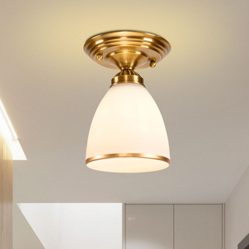 Globe / Cone White Glass Flush Mount Lamp Classic 1 Light Corridor Ceiling Lighting in Brass