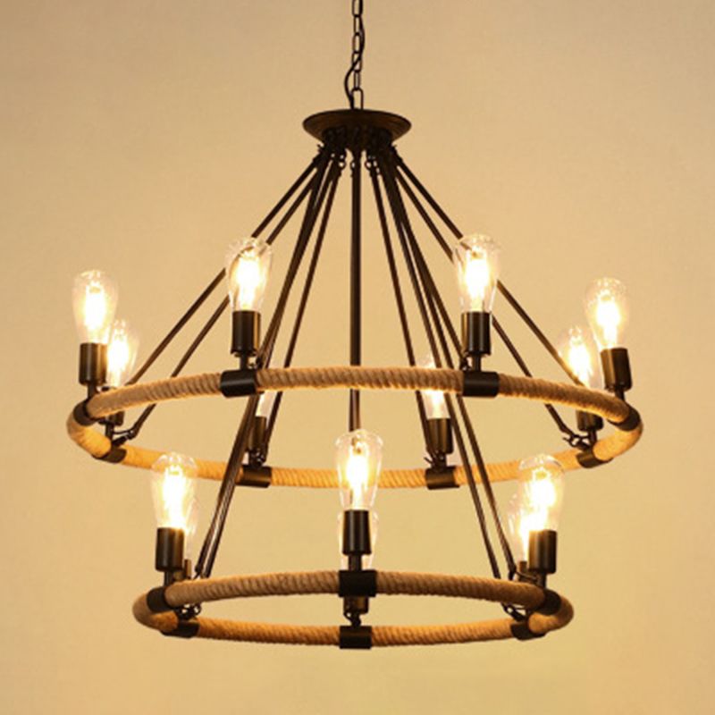 Chandelier Pendant Light Industrial Circular Rope Hanging Pendant Light in Black