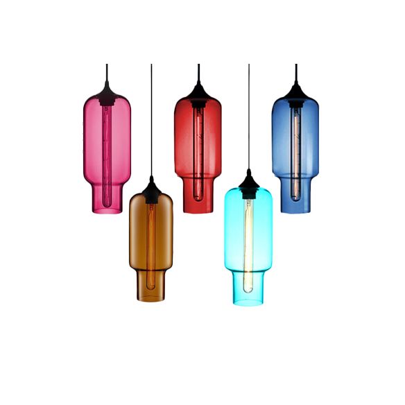 1 Light Ceiling Pendant Light with Bottle Glass Shade Contemporary Red/Brown/Blue Hanging Light