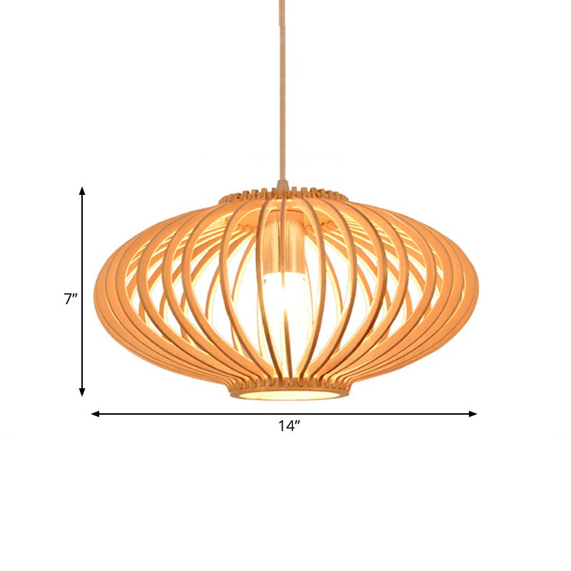 Contemporary Style Lantern Design Hanging Light Wooden 1 Light Living Room Pendant Lamp in Beige