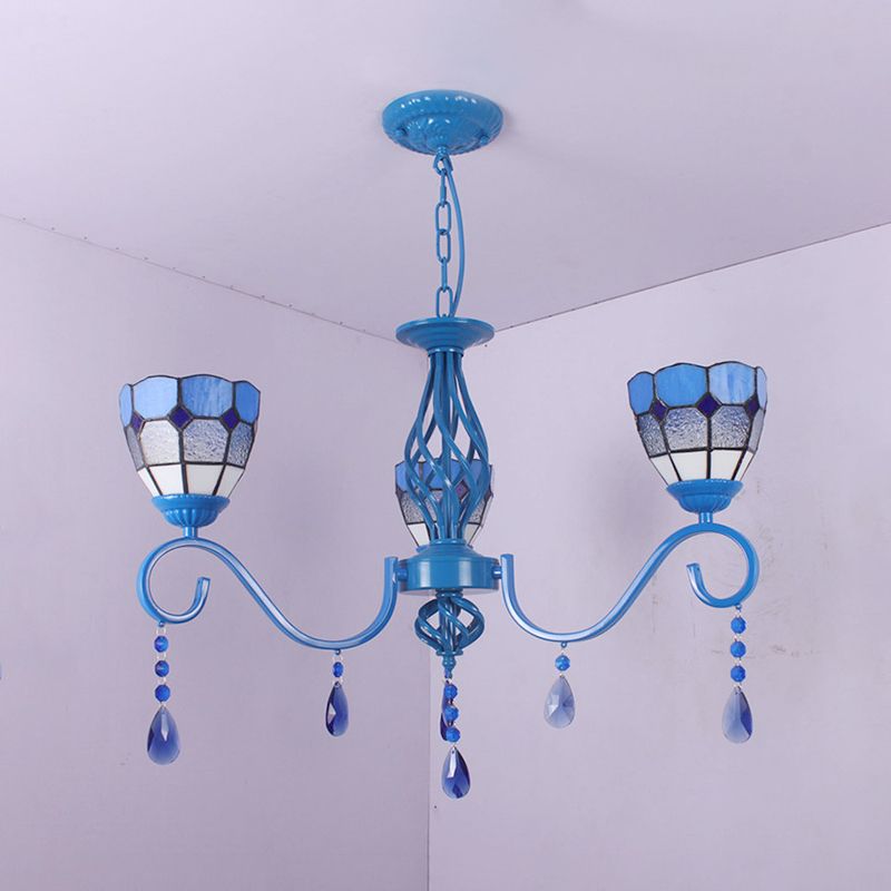 Mediterranean Dome Hanging Light with 12" Metal Chain Blue Glass 3 Lights Pendant Lamp