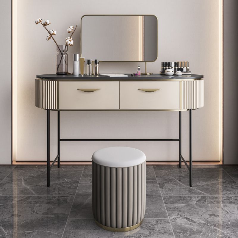 Contemporary Vanity Set, 2 Storage Drawers With Mirror & Padded Stool