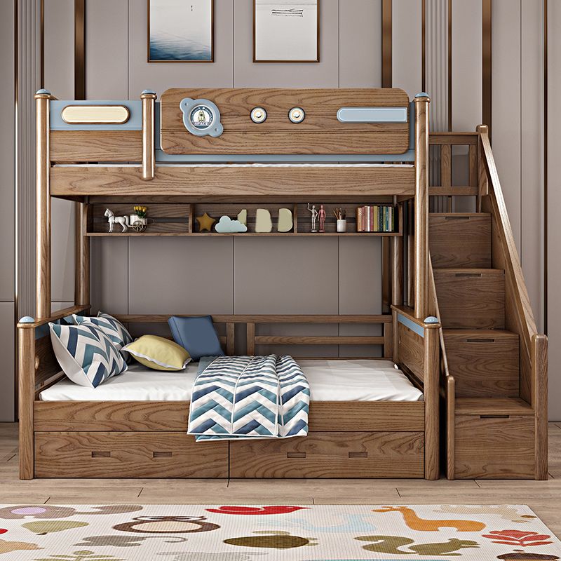 Brown Ash Standard Bunk Bed Solid Wood Scandinavian Bed with  Guardrail