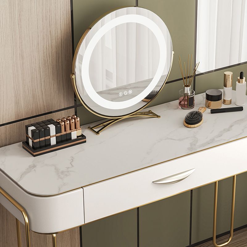 Stone and Metal with Leather Accent Vanity Table in Beige Makeup Desk