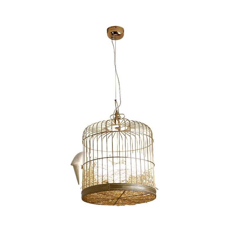 Matte White Glass Egg Shaped Chandelier Rustic 3 Lights Hanging Light Fixture with Bird and Birdcage