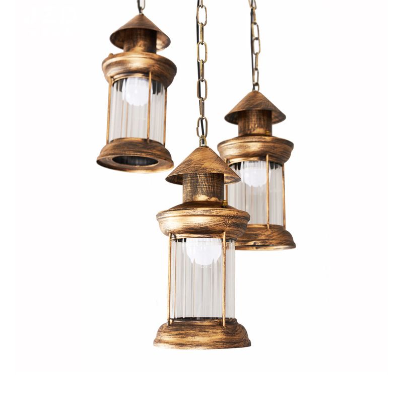 Coastal Kerosene Multi Ceiling Light 3-Head Metallic Pendant Lamp in Brass with Clear Ribbed Glass Shade