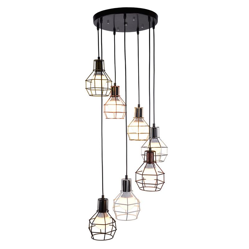 Black Multi Pendant Light Fixture Vintage Metal Wire Cage Multi Light Pendant Lighting