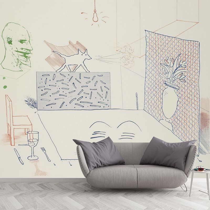 Large Sketch Wall Murals for Bedroom Hockney Artwork Wall Covering in Red-Blue-Green, Washable