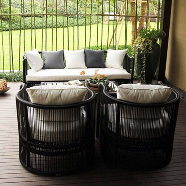 Tropical Patio Sofa UV Resistant Wicker/Rattan Black Fabric Outdoor Patio Sofa