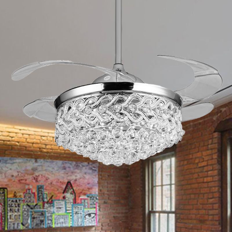 Simple Tapered Ceiling Fan Light Crystal Orbs Chrome/Gold Finish LED Hanging Lamp with Frequency Conversion/Remote Control/Wall Control