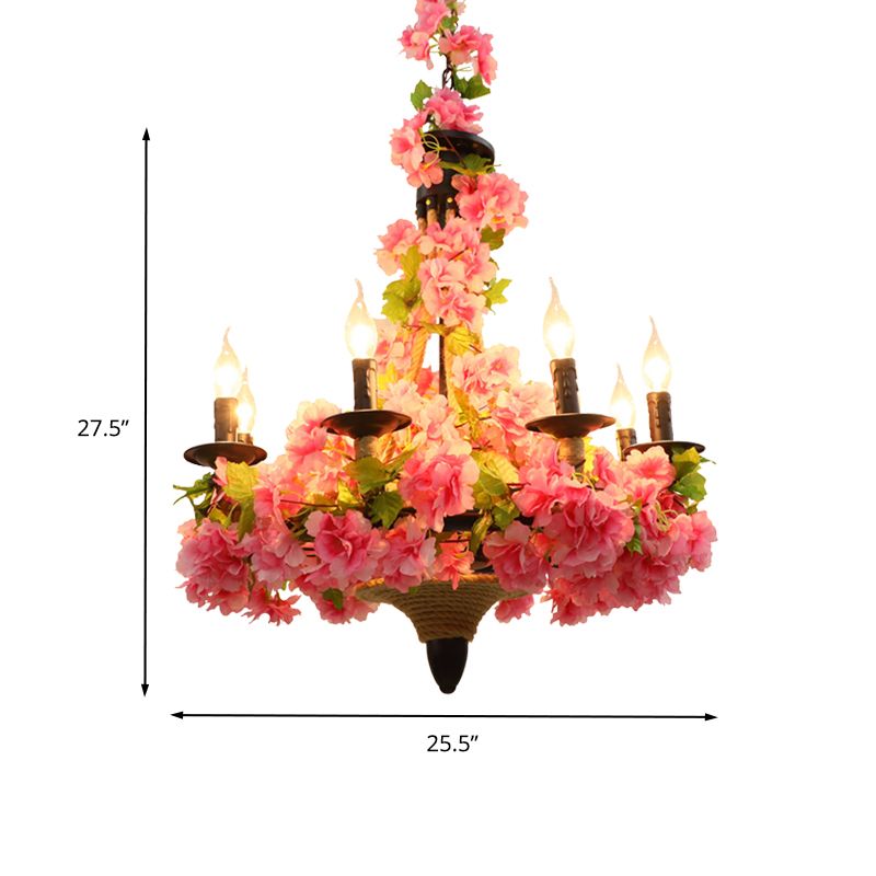 Pink Candle Pendant Chandelier Vintage Metal 6 Bulbs Restaurant LED Hanging Light with Cherry Blossom