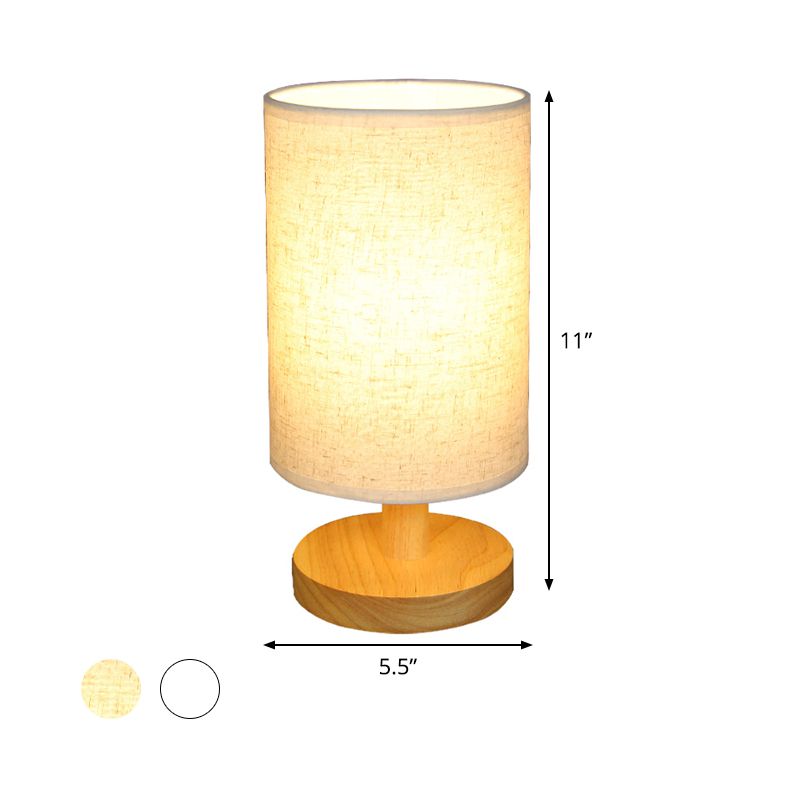 Fabric Cylinder Task Lighting Japanese 1 Bulb Reading Lamp in White/Flaxen with Wood Base