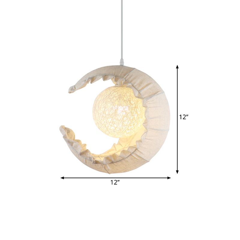 Nordic Crescent Hanging Light Fixture Fabric Single Balcony Ceiling Pendant with Rattan Ball Shade in Flaxen